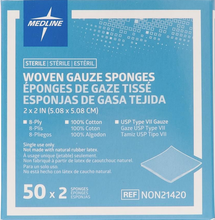 Load image into Gallery viewer, Medline Caring Sterile Woven Cotton Gauze Sponges, 8-Ply, 2 x 2 Inch, Packaged in 2-Packs, Box of 100 Sponges